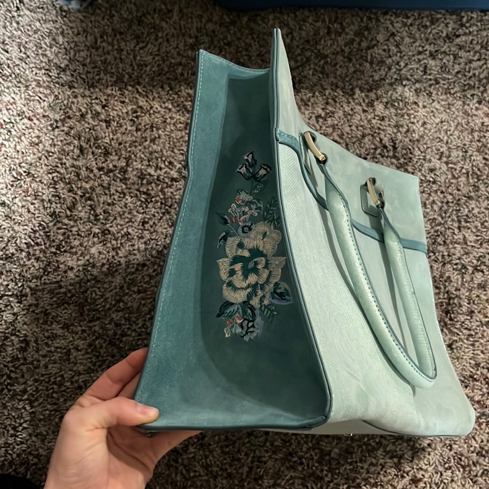 Turquoise Suede Handbag with Floral Embroidery
